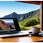 **A digital nomad working on a laptop with a stunning view of volcanic landscapes on St. Helena.** Focus on the contrast between modern technology and the remote, natural beauty. Include elements that suggest a comfortable workspace, like a mug of coffee and a scenic backdrop.