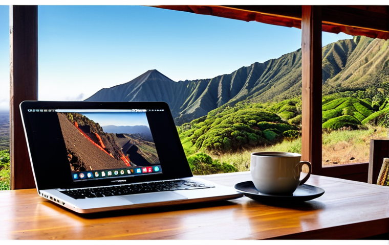**A digital nomad working on a laptop with a stunning view of volcanic landscapes on St. Helena.** Focus on the contrast between modern technology and the remote, natural beauty. Include elements that suggest a comfortable workspace, like a mug of coffee and a scenic backdrop.