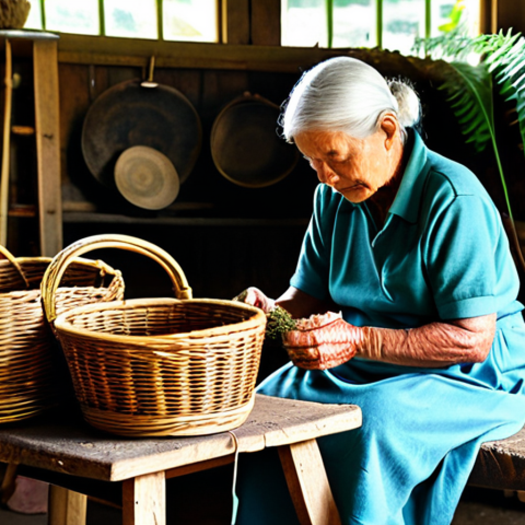 A skilled elderly female artisan, fully clothed in modest, traditional island attire, meticulously weaving a complex fern basket. She is seated on a wooden stool in a sunlit, rustic workshop, surrounded by bundles of dried fern fronds, natural dyes, and a collection of beautifully finished baskets. Her well-formed hands are gracefully engaged in the intricate weaving process, showcasing years of dedicated practice and traditional skill. The scene evokes a sense of timeless craft and cultural heritage, highlighting the beauty of handmade objects. Natural pose, perfect anatomy, correct proportions, natural body proportions, safe for work, appropriate content, family-friendly. Professional photography, high quality, realistic.