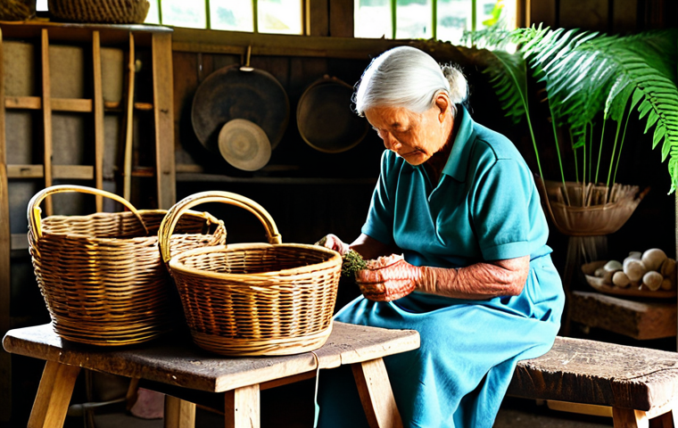 A skilled elderly female artisan, fully clothed in modest, traditional island attire, meticulously weaving a complex fern basket. She is seated on a wooden stool in a sunlit, rustic workshop, surrounded by bundles of dried fern fronds, natural dyes, and a collection of beautifully finished baskets. Her well-formed hands are gracefully engaged in the intricate weaving process, showcasing years of dedicated practice and traditional skill. The scene evokes a sense of timeless craft and cultural heritage, highlighting the beauty of handmade objects. Natural pose, perfect anatomy, correct proportions, natural body proportions, safe for work, appropriate content, family-friendly. Professional photography, high quality, realistic.