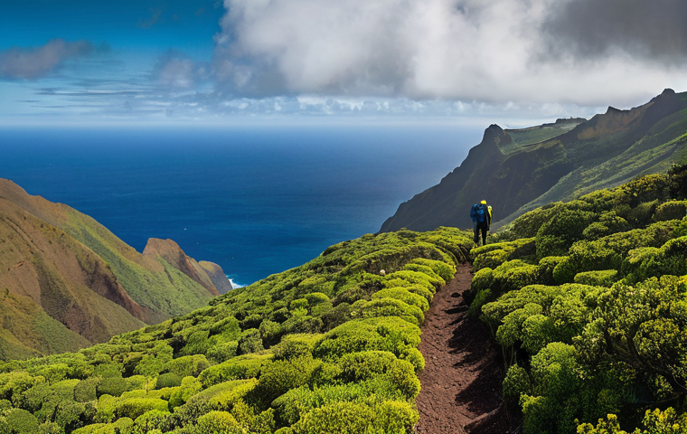 세인트헬레나 도보 여행 - **Prompt 1: A Hiker's Triumph on Saint Helena's Peaks**
    "A stunning, wide-angle shot of a lone h...