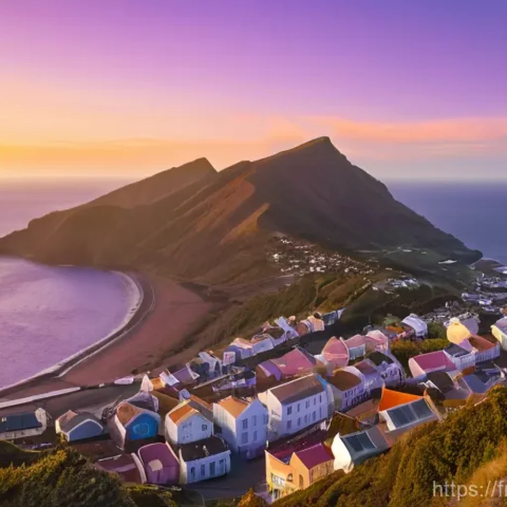 세인트헬레나 단기 체류 방법 - **Prompt:** A vibrant, panoramic view of Jamestown, Saint Helena, at sunset. The iconic Jacob's Ladd...