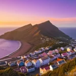 세인트헬레나 단기 체류 방법 - **Prompt:** A vibrant, panoramic view of Jamestown, Saint Helena, at sunset. The iconic Jacob's Ladd...