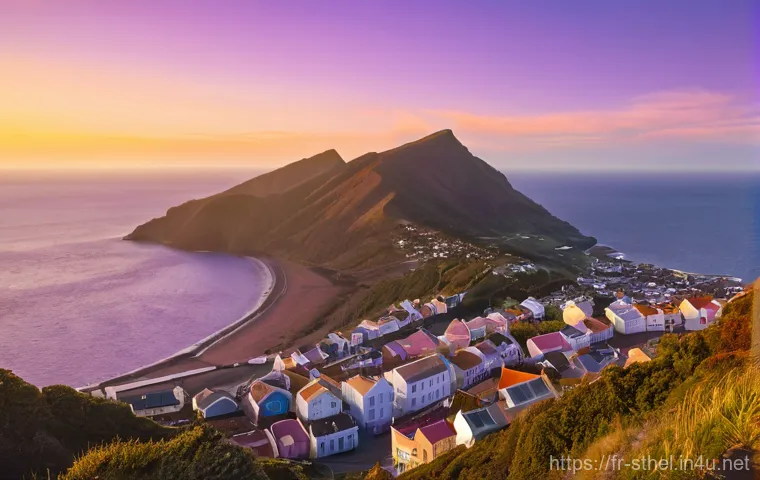 세인트헬레나 단기 체류 방법 - **Prompt:** A vibrant, panoramic view of Jamestown, Saint Helena, at sunset. The iconic Jacob's Ladd...