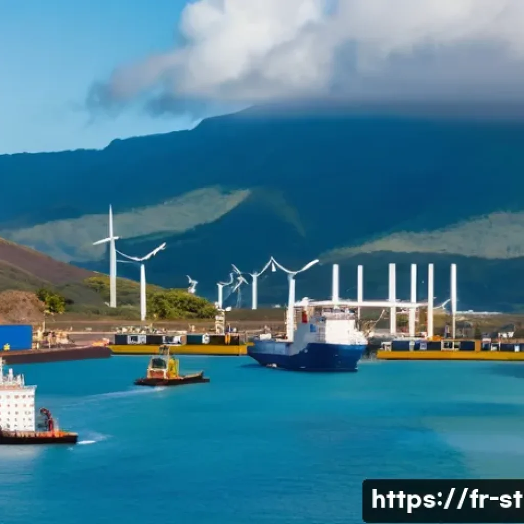 세인트헬레나 외국인 투자 - A vibrant coastal port scene on Saint Helena island showcasing modernized infrastructure with cargo ...
