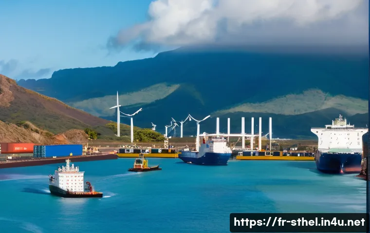 세인트헬레나 외국인 투자 - A vibrant coastal port scene on Saint Helena island showcasing modernized infrastructure with cargo ...