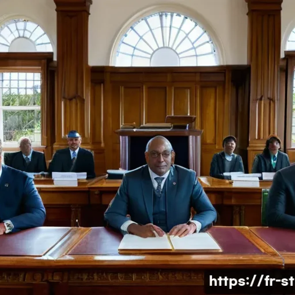 세인트헬레나 정치 및 행정 - A detailed scene of the Legislative Assembly of Saint Helena, showing a diverse group of elected off...