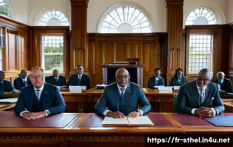세인트헬레나 정치 및 행정 - A detailed scene of the Legislative Assembly of Saint Helena, showing a diverse group of elected off...