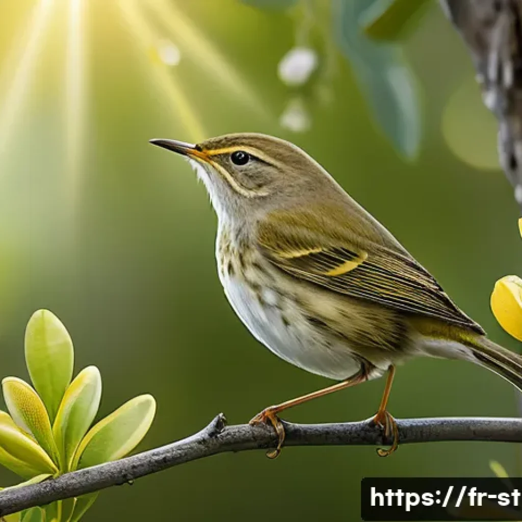 세인트헬레나 야생동물 보호 - A detailed and vibrant illustration of the Saint Helena endemic warbler perched delicately on a flow...