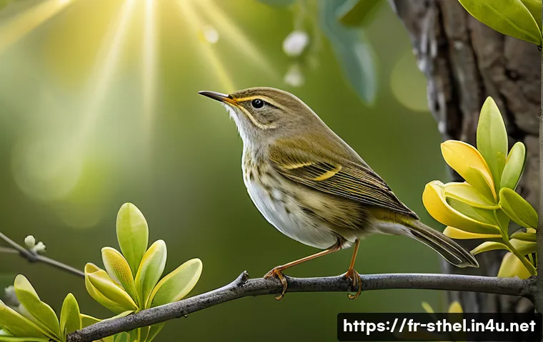 세인트헬레나 야생동물 보호 - A detailed and vibrant illustration of the Saint Helena endemic warbler perched delicately on a flow...