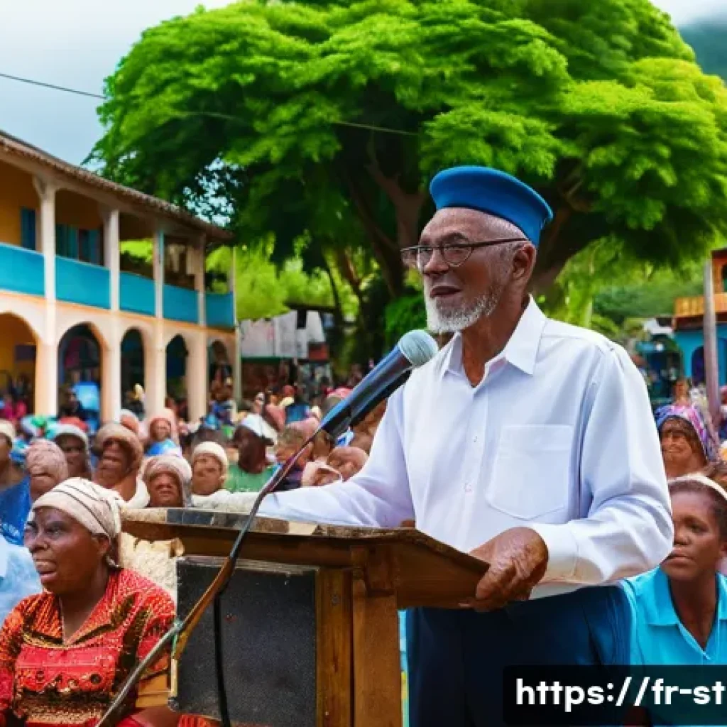 세인트헬레나 출신 인물 - A community leader passionately addressing a diverse group of island residents in a vibrant Sainte-H...