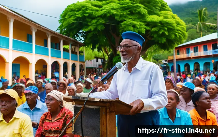 세인트헬레나 출신 인물 - A community leader passionately addressing a diverse group of island residents in a vibrant Sainte-H...