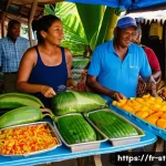 Home 22 세인트헬레나 현지 음식 추천 - A vibrant and colorful market scene on the island of Sainte-Hélène, showcasing fresh local seafood l...