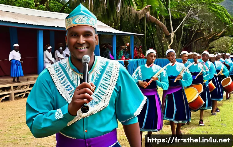 세인트헬레나 역사 및 문화 - A vibrant cultural festival on Saint Helena Island featuring a diverse crowd of Saints in colorful t...