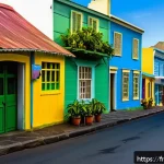 Home 19 세인트헬레나 전화 및 Wi Fi 정보 - A vibrant street scene in Jamestown, Saint Helena, featuring a local mobile operator’s shop with col...