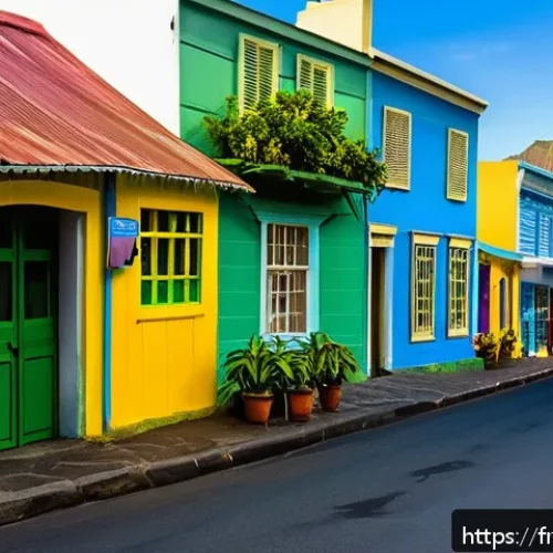 Home 31 세인트헬레나 전화 및 Wi Fi 정보 - A vibrant street scene in Jamestown, Saint Helena, featuring a local mobile operator’s shop with col...