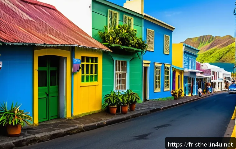 세인트헬레나 전화 및 Wi Fi 정보 - A vibrant street scene in Jamestown, Saint Helena, featuring a local mobile operator’s shop with col...