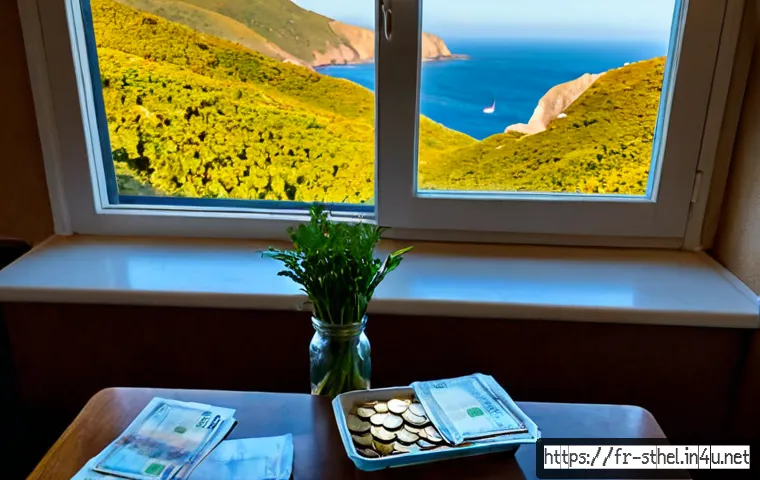 세인트헬레나에서의 생활비 - Photorealistic cost-of-living scene in Saint Helena, a French-speaking expatriate couple reviewing h...