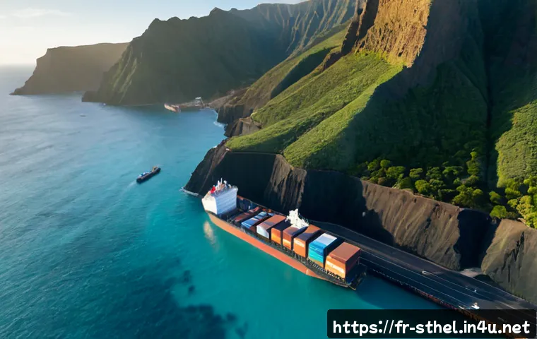 세인트헬레나 무역 및 수출입 - Photorealistic aerial view of Saint Helena’s rugged volcanic coastline and small harbor at sunrise, ...